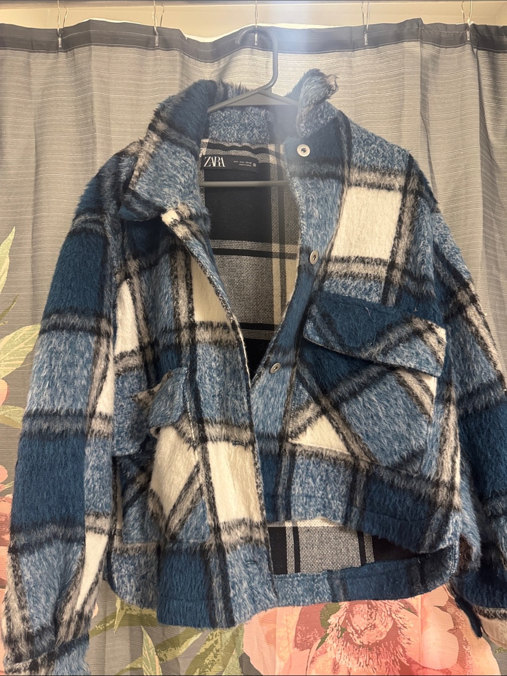 Zara Blue and White Plaid Fuzzy Shacket